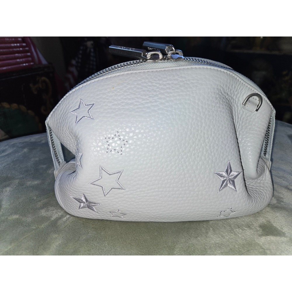 Dagne Dover Mila Toiletry Organizer Light Blue Pebbled Leather Embroidered Stars - Picture 2 of 6
